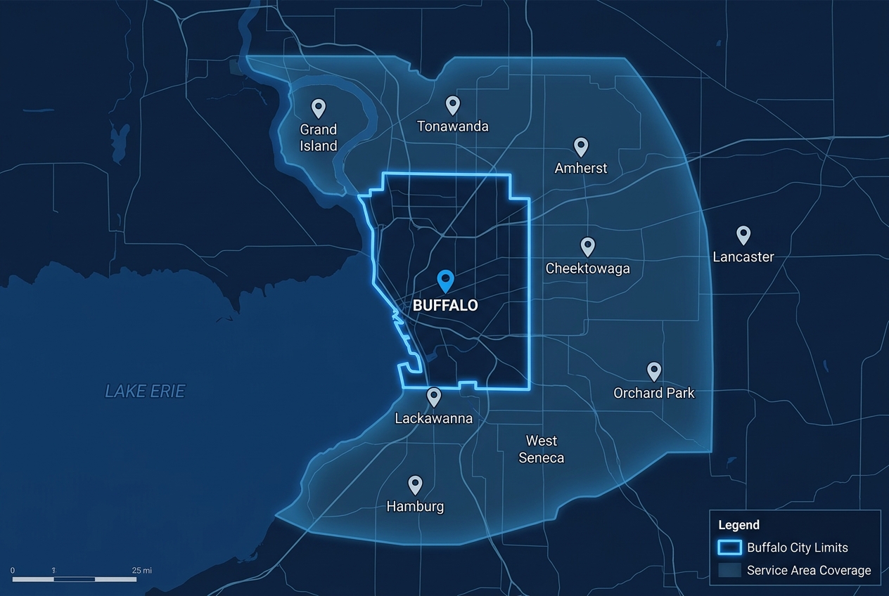 SEO service area coverage map showing Buffalo NY city limits and surrounding Western New York coverage including Amherst Cheektowaga Tonawanda Hamburg West Seneca Grand Island Orchard Park and Lackawanna